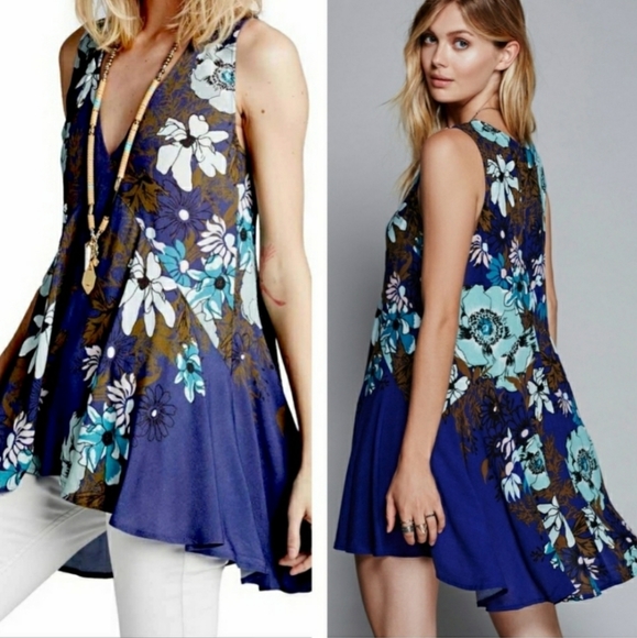 Free People Dresses & Skirts - FREE PEOPLE Backyard Party Ocean Blue Tunic Dress EUC Backyard Print sz S